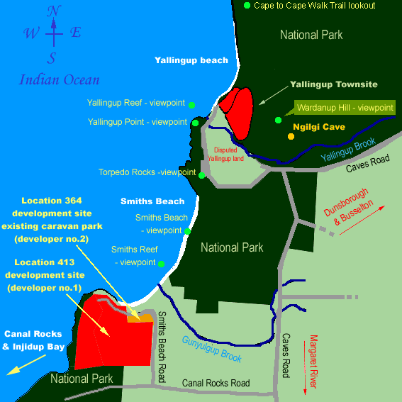 Map of the Smiths Beach/ Yallingup Beach area. Click on the viewpoints to see the view of Smiths Beach.